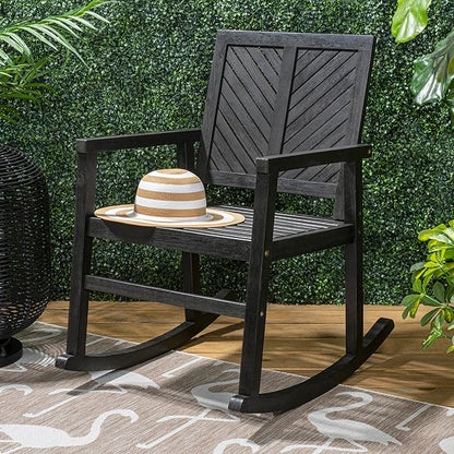JONATHAN Y RCK100C Ned Modern Chevron-Back 300-Lbs Support Acacia Wood Patio Outdoor Rocking Chair for Garden, Lawn, Backyard, Pool, Deck, Beach, Firepit, Black