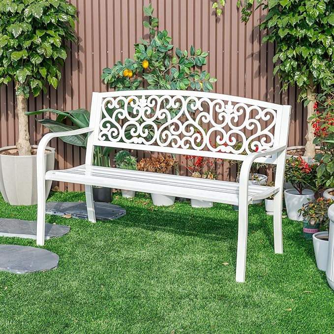 Hi-Line Gift Ltd. Harmony in White- Steel and Cast Iron Garden Bench for Outdoor Serenity