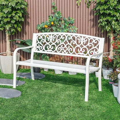 Hi-Line Gift Ltd. Harmony in White- Steel and Cast Iron Garden Bench for Outdoor Serenity