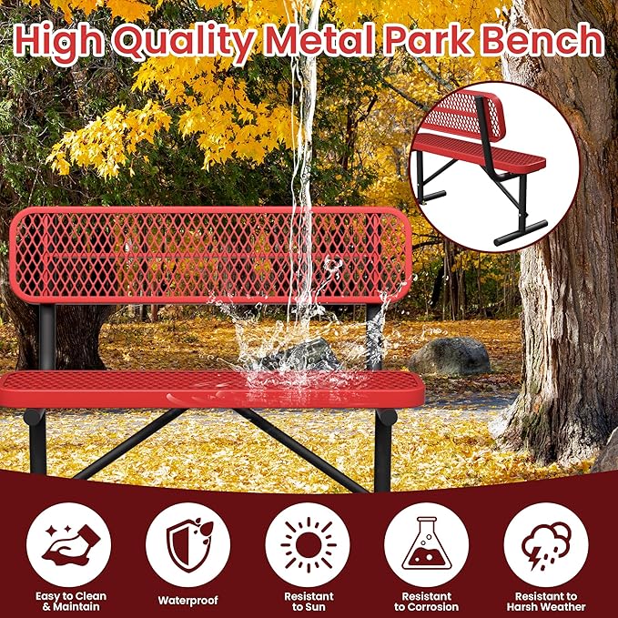 4ft Metal Park Bench with Back, Red Heavy-Duty Steel Outdoor Bench Dock Bench Weatherproof Long Bench Seats, Commercial Garden Benches for Lawn, Park, Deck, Garden, Patio, Porch, Easy Installation