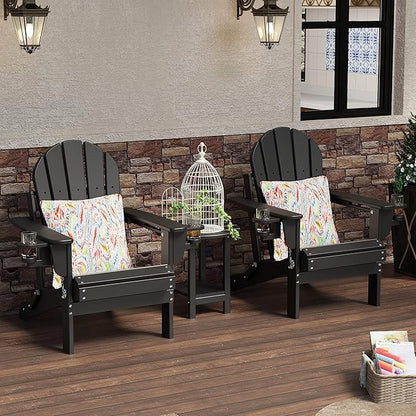Sundale Outdoor Folding Water & Wind Proof Adirondack Chair with 2 Concealable Cup Holder and 1 Stylish Cushion/Pillow, Perfect for Outside Patio Garden Pool Yard Plastic Classic Black