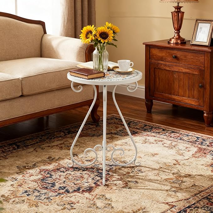 Outdoor Side Table & Mosaic Plant Stand, 14" Ceramic Tile Top Round End Table Accent Table - Photo 5