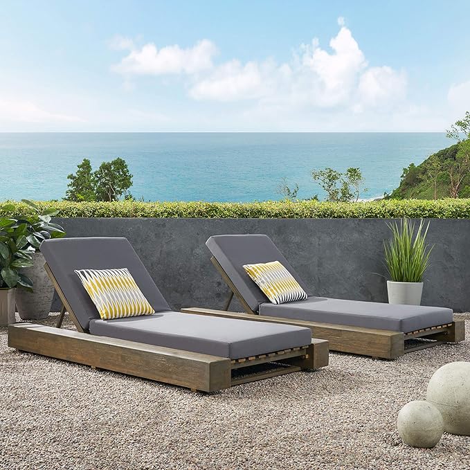GDFStudio Outdoor Acacia Wood Chaise Lounge and Cushion Sets (Set of 2), Gray and Dark Gray - Photo 2