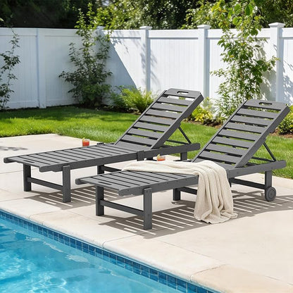 SERWALL Outdoor Chaise Lounge Set of 2, All-Weather HDPE Pool Lounge Chairs with 5-Position Adjustable Reclining Backrest, Rolling Wheels & Cup Holder for Poolside, Grey