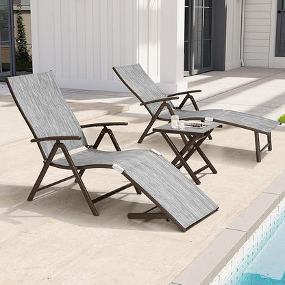 Crestlive Products 2PCS Chaise Lounge Chair Outdoor with 1PC Side Table, Aluminum Folding Patio Recliner Chair, Adjustable 8 Positions Assemble-Free