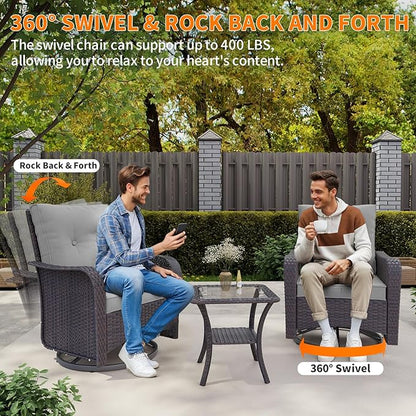 Gotland Outdoor Swivel Chairs Set of 2, 3 Pieces Patio Furniture Set with Thick Cushion, Wicker Rocking Patio Chairs Set of 2, Patio Bistro Set with Double-Layer Coffee Table for Balcony Porch Gray