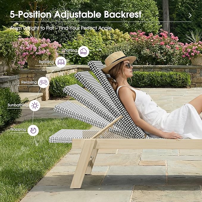 PURPLE LEAF Extra Large Patio Chaise Lounge 2 Pieces French Outdoor Wicker Lounger Matte White Aluminum Frame 771LBS Capacity PE Rattan Adjustable Backrest for Pool Garden Beach Backyard Black