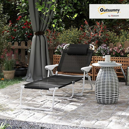 Outsunny Folding Lounge Chair, Portable Outdoor Chaise Lounge, Sun Tanning Chair with 4-Position Reclining Back, Armrests, Metal Frame and Mesh Fabric for Beach, Yard, Patio, Black
