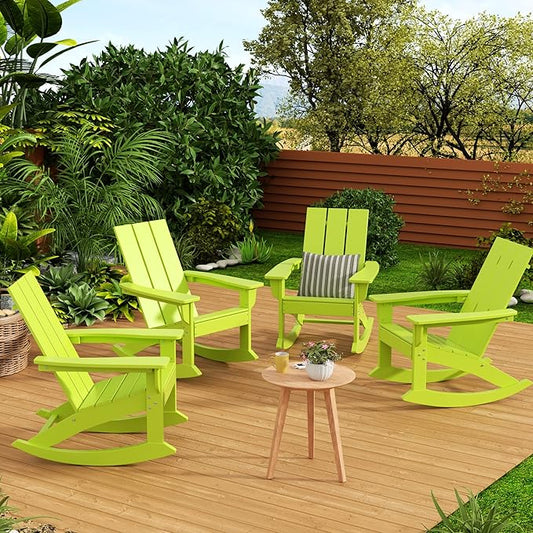 WestinTrends Ashore Patio Rocking Chairs Set of 4, All Weather Poly Lumber Plank Adirondack Rocker Chair, Modern Farmhouse Outdoor Rocking Chairs for Porch Garden Backyard and Indoor, Lime