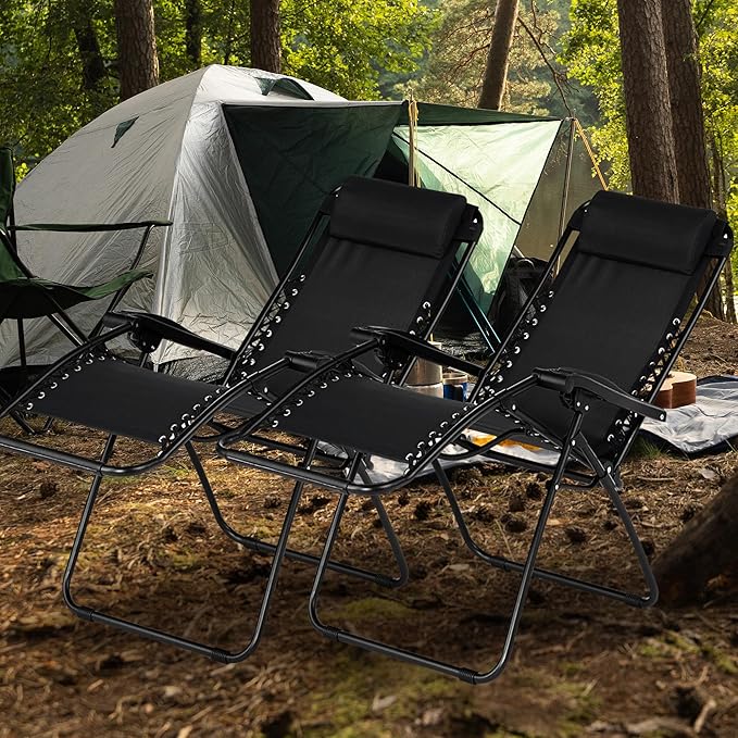 Caravan Sports Zero Gravity Outdoor Portable Folding Camping Lawn Deck Patio Lounge Chair with Adjustable Headrest, Black (Pair)
