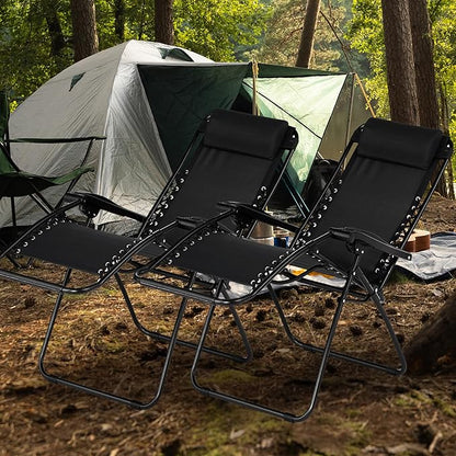 Caravan Sports Zero Gravity Outdoor Portable Folding Camping Lawn Deck Patio Lounge Chair with Adjustable Headrest, Black (Pair)