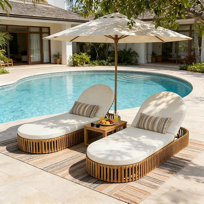 Merax Acacia Wood Chaise Lounge Set of 2 with Curved Cushion, Outdoor Sun Lounger for Patio, Poolside and Garden, Teak Finish Wood Recliner, 80.8" L, Supports 300 lbs, Cream