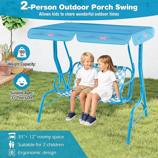 KOTEK Kids Patio Swing, 2-Seater Outdoor Hanging Bench with Adjustable Canopy, Safety Belt & Curved Armrest, Kids Swing Chair with Stand for Backyard, Garden, Lawn, Porch (Blue Flamingo)