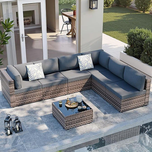 SUNLEI 7 Piece Patio Furniture Sets, Low Back All-Weather Rattan Sectional Sofa with Tea Table&Washable Couch Cushions, Patio Furniture Sets, Brown Rattan