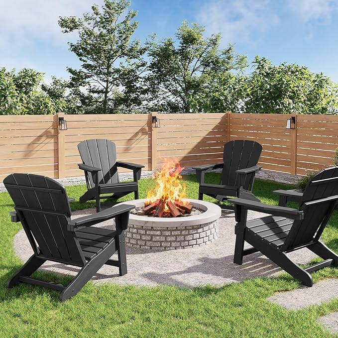 GarveeLife Modern HDPE Plastic Adirondack Chair Set of 4 - Oversize 380 LB Poly Lumber Weather Resistant Firepit Chair - Outdoor Patio Chairs with Wooden Textured for Deck, Pool, Porch - Black