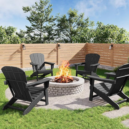 GarveeLife Modern HDPE Plastic Adirondack Chair Set of 4 - Oversize 380 LB Poly Lumber Weather Resistant Firepit Chair - Outdoor Patio Chairs with Wooden Textured for Deck, Pool, Porch - Black