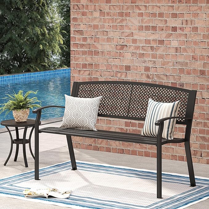 VICLLAX Outdoor Garden Bench, 50” Long Metal Patio Bench with Backrest and Armrests, Modern Slatted Black Park Bench for Front Porch, Lawn, Yard, Garden, Round Pattern Back