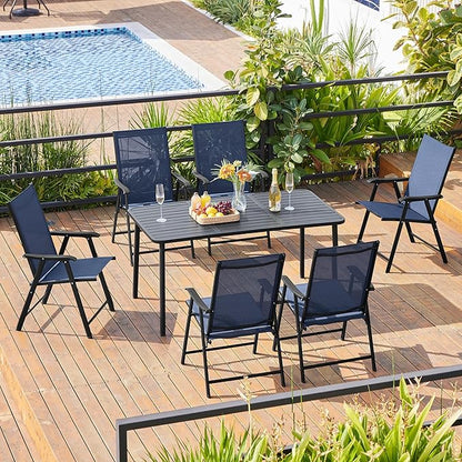 Yaheetech Patio Dining Chairs Set of 2, Portable Dining Chairs with Armrests for Camping, Lawn and Beach, Folding Patio Chairs 2-Pack of Metal Frame, Navy Blue