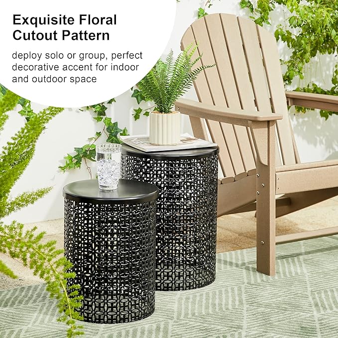 Glitzhome Outdoor Side Table Set of 2, Decorative Garden Stool for Patio Heavy Duty Metal Frame Accent Table Modern End Table, Glossy Black