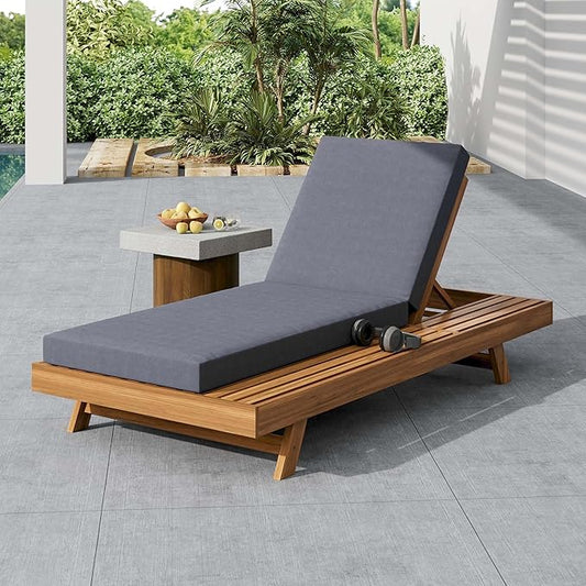 Acacia Wood Outdoor Chaise Lounge with Open Slatted Side, 4-Position Pool Lounge Chairs with All-Weather Cushion, Teak Finish Reclining Patio Chair, 300Lbs Capacity (Dark Grey, 4 inch)