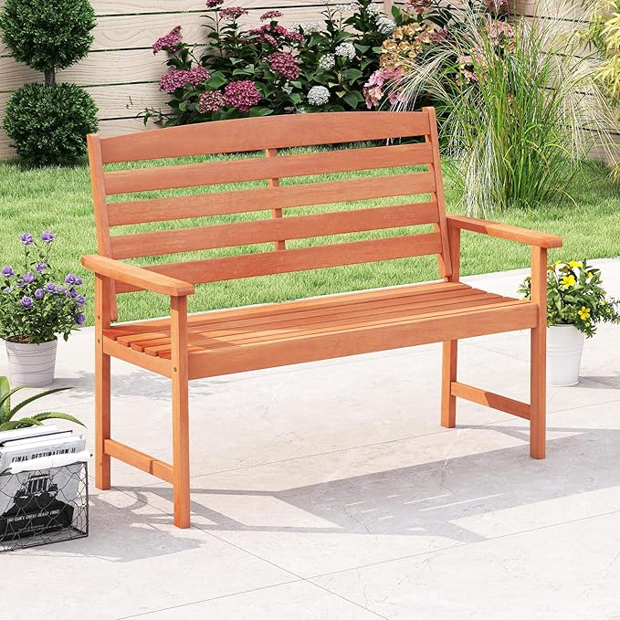 Tangkula Wooden Garden Bench, 2-Person Patio Loveseat with Slatted Backrest and Comfortable Armrests, Outdoor Bench for Porch, Backyard and Park, 530 lbs Weight Capacity