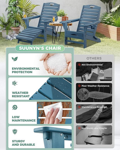 Folding Adirondack Chairs Set of 4,Adirondack Chair with Retractable Ottoman,Plastic Adirondack Chairs with 2 Cup Holder,Weather Resistant Patio Chair,Outdoor Chairs Set of 4(Navy Blue)