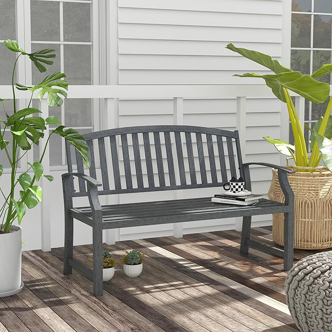 46" Outdoor Garden Bench, Metal Bench, Wood Look Slatted Frame Furniture for Patio, Park, Porch, Lawn, Yard, Deck, Gray