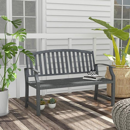 46" Outdoor Garden Bench, Metal Bench, Wood Look Slatted Frame Furniture for Patio, Park, Porch, Lawn, Yard, Deck, Gray