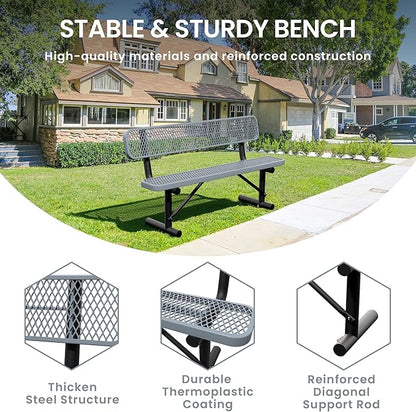 6 Feet Steel Park Bench for Outside, Outdoor Bench with Backrest & Portable Frame, Commercial Benches for Shopping Malls, Stores, Parks, Patios, Decks, Grey