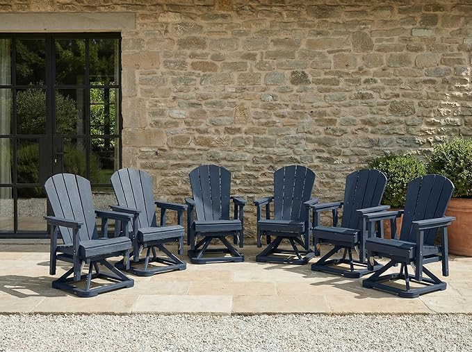 HDPE Swivel Glider Chair Outdoor, Weather Resistant Adirondack Outside Rocking Chair, Wooden Textured Outdoor Swivel Chair Set of 6 for Porch, Balcony, Poolside, Backyard (Navy Blue)