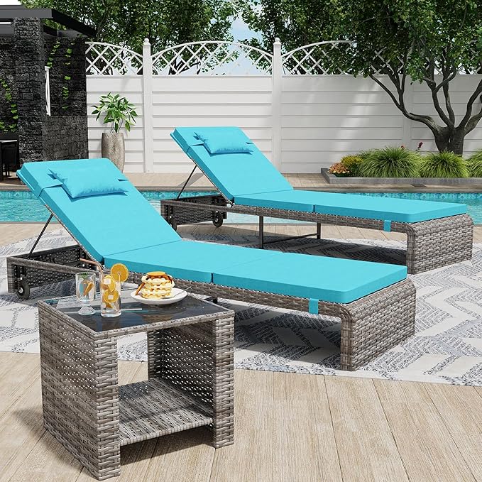 Chaise Lounge Set 3 Pieces, Outdoor Modern Patio Furniture Lounge Chairs Set of 2 with Adjustable Backrest & Side Table - Photo 1