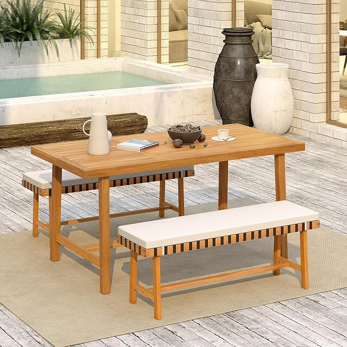 HAPPYGRILL Outdoor Acacia Wood Bench with Cushion, Breathable Rope Seat, Patio Dining Bench for Entryway Garden Poolside Balcony, 800 LBS (2)