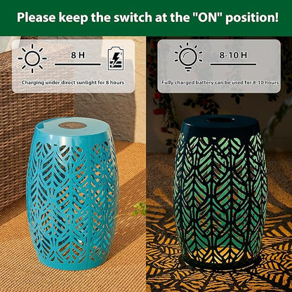 Glitzhome 18.25" H Outdoor Side Table with Leaf Pattern Solar Powered Light, Iron Cutout Drum Garden Stool Solar Decorative Lanterns, Metal End Table Plant Stand for Indoor Outdoor, Blue