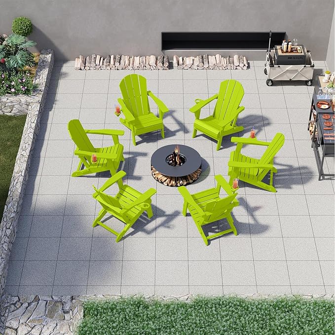 Folding Adirondack Chairs with Cup Holders, Set of 6 HDPE Plastic Outdoor Chairs, Weather Resistant, Real Wood Look - Photo 2