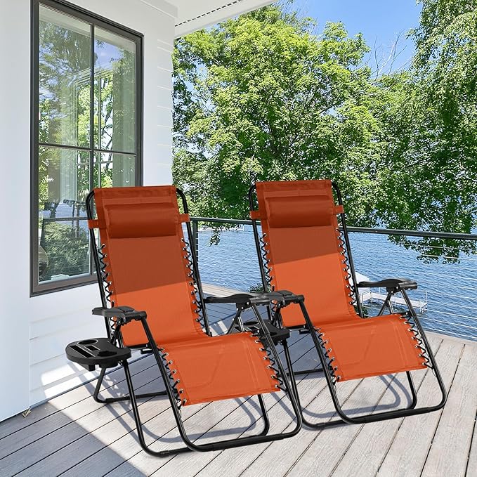 Giantex 2 PCS Zero Gravity Chair, Outdoor Chaise Lounge with Cup Holder, Patio Folding Chairs Recliner for Yard Pool Lawn Balcony, Orange