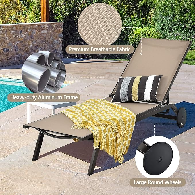 Giantex Lounge Chairs for Outside Patio Chaise Lounges Aluminum Recliner W/Adjustable 6 Backrest Positions and Wheels - Photo 5