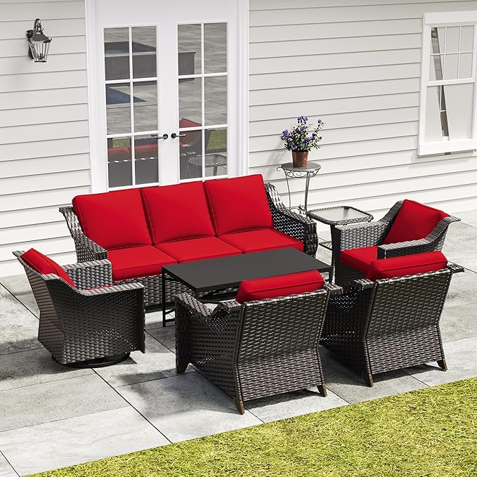 7 Pieces Outdoor Conversation Furniture Set - 77" Patio Sofa, 2 Armchairs, 2 Swivel Glider Chairs, 1 Side Table - Photo 1