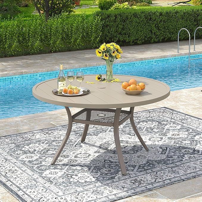 VICLLAX Round Patio Dining Table for 4-6, Outdoor Metal Dining Table with Umbrella Hole for Deck Lawn Garden Backyard, 47.2" Sandshell