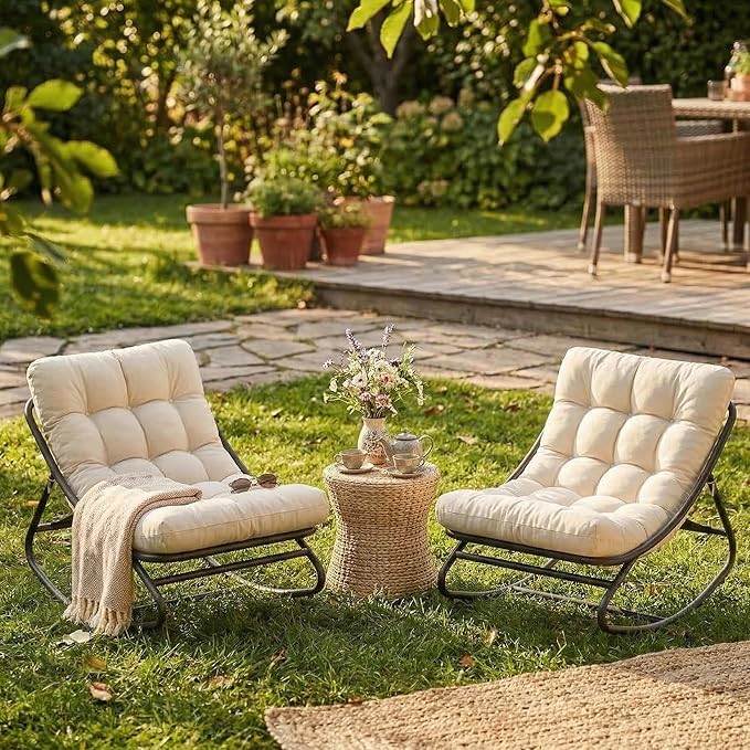 GarveeLife Rocking Papasan Chair, Outdoor Rocker Chair with Thick Waterproof Cushion, 300lbs Heavy Duty Metal Patio Rocking Chair for Garden, Porch, Nursery, Silla Mecedora para Adulto-Beige