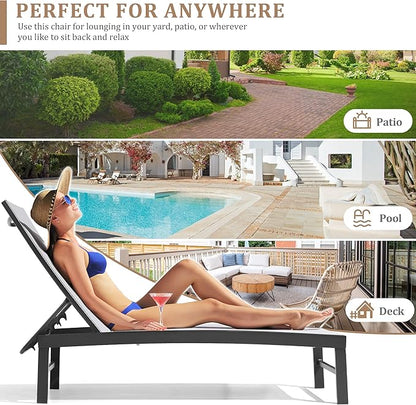 Patio Aluminum Chaise Lounge Chair, Outdoor Recliner Lounge Chair Sun Loungers, All Weather Chaise with 5 Adjustable Backrest and Lay Flat Positions for Garden, Balcony, Pool, Light Gray