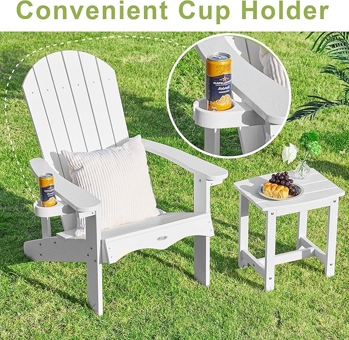 Y&M Adirondack Chair Set of 4, White Fire Pit Chairs, Outdoor Patio Chairs with Cup Holder, Weather Resistant HDPE Wooden Textured Patio Chairs, Perfect for Garden, Lawn, Deck, or Poolside