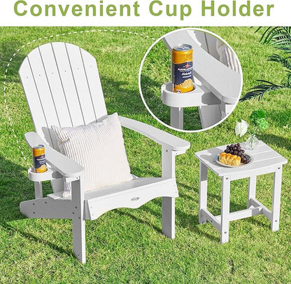 Y&M Adirondack Chair Set of 4, White Fire Pit Chairs, Outdoor Patio Chairs with Cup Holder, Weather Resistant HDPE Wooden Textured Patio Chairs, Perfect for Garden, Lawn, Deck, or Poolside