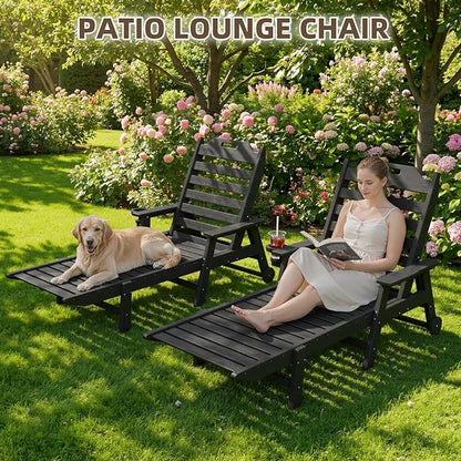 Mdeam 6-Position Lounge Chair Outdoor, 22" W Oversized Sun Tanning Chair, 500LBS Capacity, HDPE All-Weather Patio Lounge Chaise with Wheels Cup Holder for Pool Beach Backyard Lawn Deck, Black