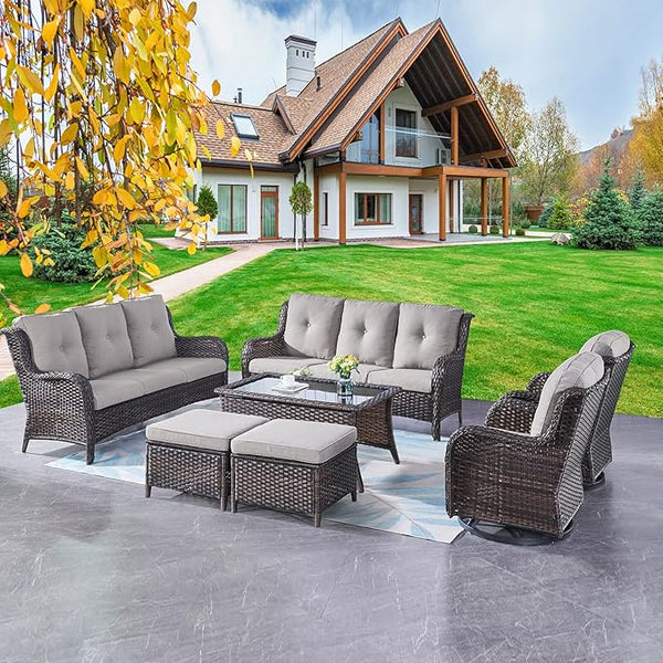 Rilyson Wicker Patio Furniture Set - 7 Piece Rattan Outdoor Sectional Conversation Sets with 2 Rocking Swivel Chairs - Photo 1