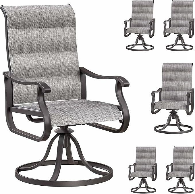 Patio Swivel Chairs Set of 6, Outdoor Dining Chairs with High Back, All-Weather Swivel Rocker Chair for Lawn, Porch or Garden (Padded Grey)