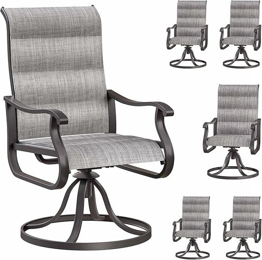 Patio Swivel Chairs Set of 6, Outdoor Dining Chairs with High Back, All-Weather Swivel Rocker Chair for Lawn, Porch or Garden (Padded Grey)