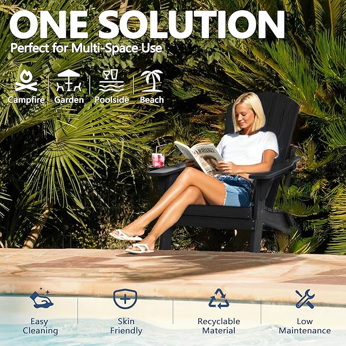 Adirondack Chair with Ottomans Set of 2, HDPE All-Weather Outdoor Footrest - Photo 7