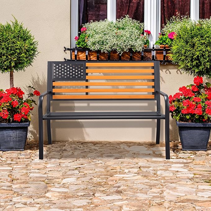 VINGLI Outdoor Metal Bench, 50in Weatherproof Garden Bench w/American Flag Style, 2-Person Sturdy Steel Patio Bench for Front Porch Yard Park