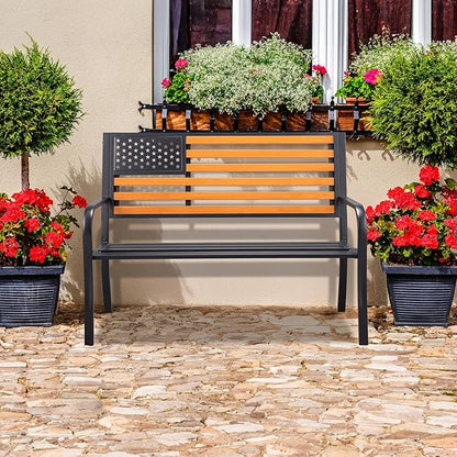 VINGLI Outdoor Metal Bench, 50in Weatherproof Garden Bench w/American Flag Style, 2-Person Sturdy Steel Patio Bench for Front Porch Yard Park