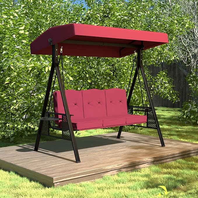 MUPATER Patio Porch Swing Chair with Canopy, 3-Person Outdoor Canopy Swing Glider with Stand, Cushions and Side Table for Outside, 2-in-1 Swing Chair Bench with Cushion for Backyard,Wine Red